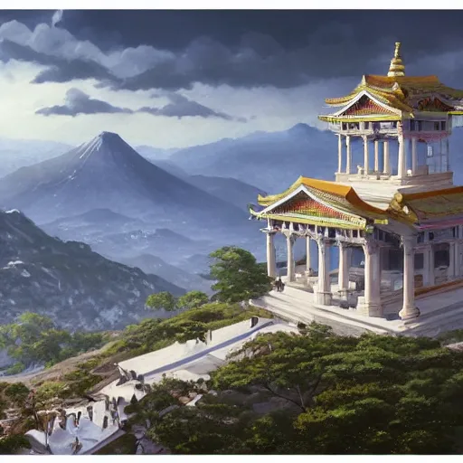 Image similar to concept art painting of a white marble temple on top of a mountain, with greek and japanese architecture, overlooking a valley with a village below, realistic, detailed, cel shaded, in the style of makoto shinkai and greg rutkowski and albert bierstadt and james gurney