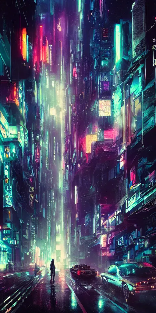 Image similar to hyper realistic cyberpunk cityscape,neon,rain,blade runner, looming surreal sky, stars,moon, 8k,cinematic lighting, detailed oil painting, by tristan eaton,Stanley Artgermm,Tom Bagshaw,Greg Rutkowski,Carne Griffiths,trending on DeviantArt,chillwave,minimalist,cybernetic, android, blade runner,full of colour