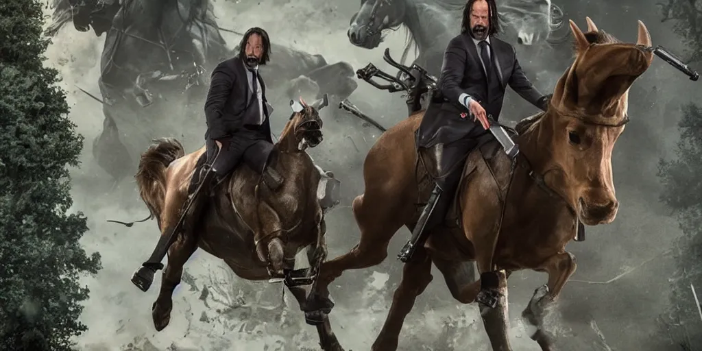 Image similar to Keanu Reaves riding a unicorn, a still over the shoulder from behind shot from John Wick 2, shooting a gun at a man dressed in a Mario Luigi costume, epic fantasy style, digital art