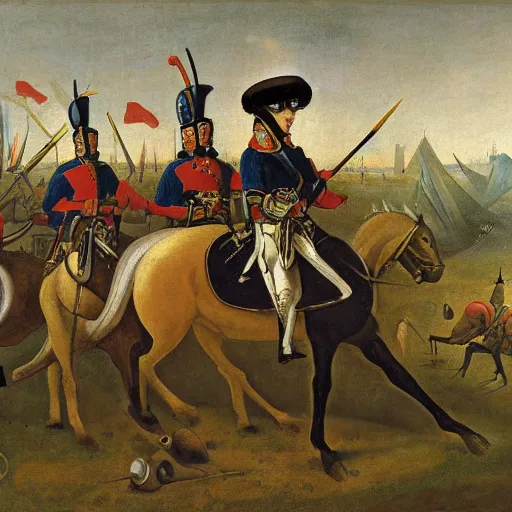 Prompt: a painting of napoleonic warfare, in the style of hieronymus bosch.