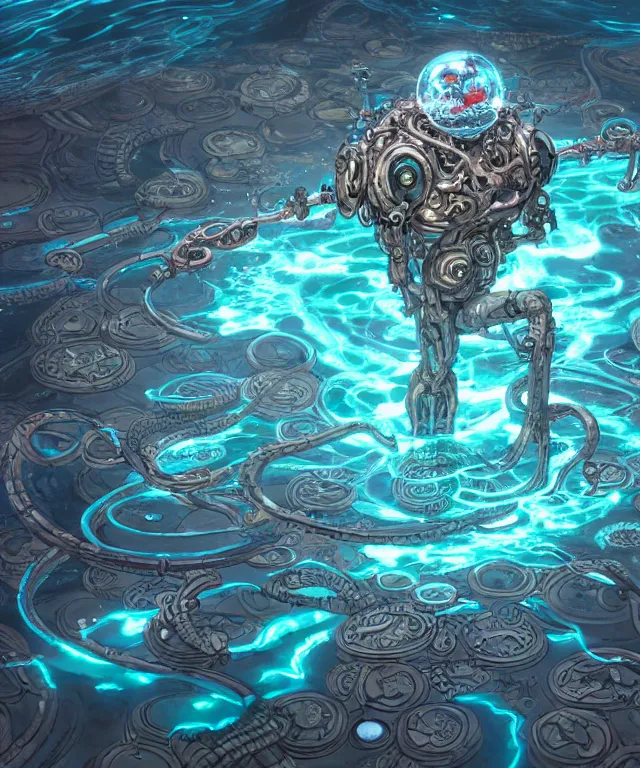 Prompt: a cyborg water demon surrounded by power sigils, centered composition, crisp 8 k line art, digital painting, artstation, unreal engine, octane render, emissive lighting, concept art, matte, sharp focus, hyper realistic lighting, illustration, art by shintaro kago and james jean