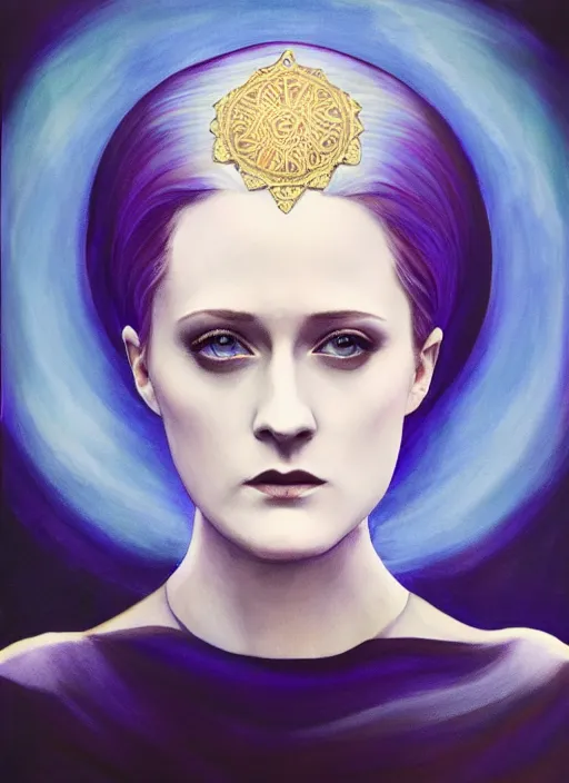 Prompt: goddess, Evan Rachel Wood, pale, holy, angelic, gorgeous, full body white dress, symmetrical face, sky, high fantasy, concept art, warm lighting, analog photography, painting, gold, blue, white, purple