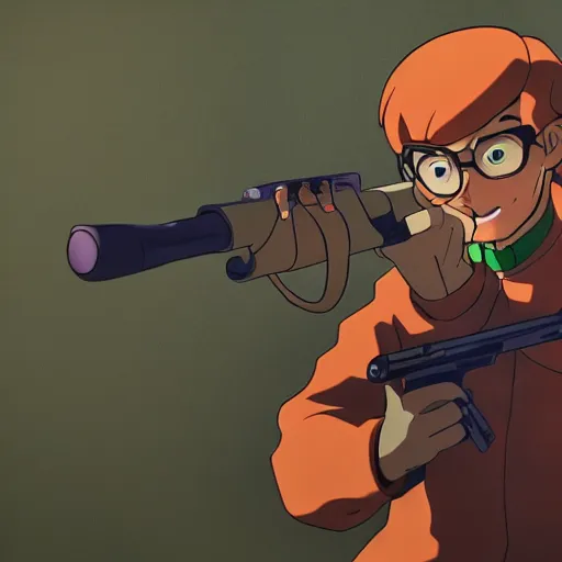 Image similar to Scooby Doo holding a gun, anime, trending on artstation, highly detailed, 8k, beautiful, dynamic lighting, realistic fur