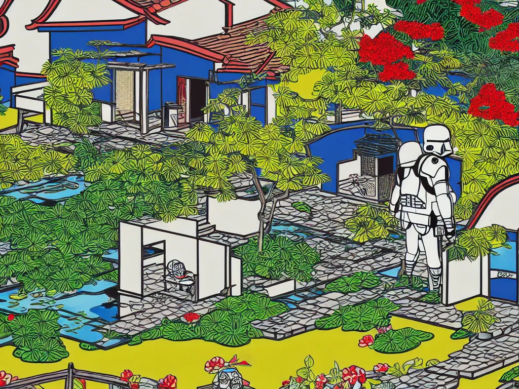 Image similar to detailed close - up image of the japanese home with a garden and a pond, 2 stormtroopers sitting around it, pop - art style, jacky tsai style, andy warhol style, roy lichtenstein style, rich palette, acrylic on canvas