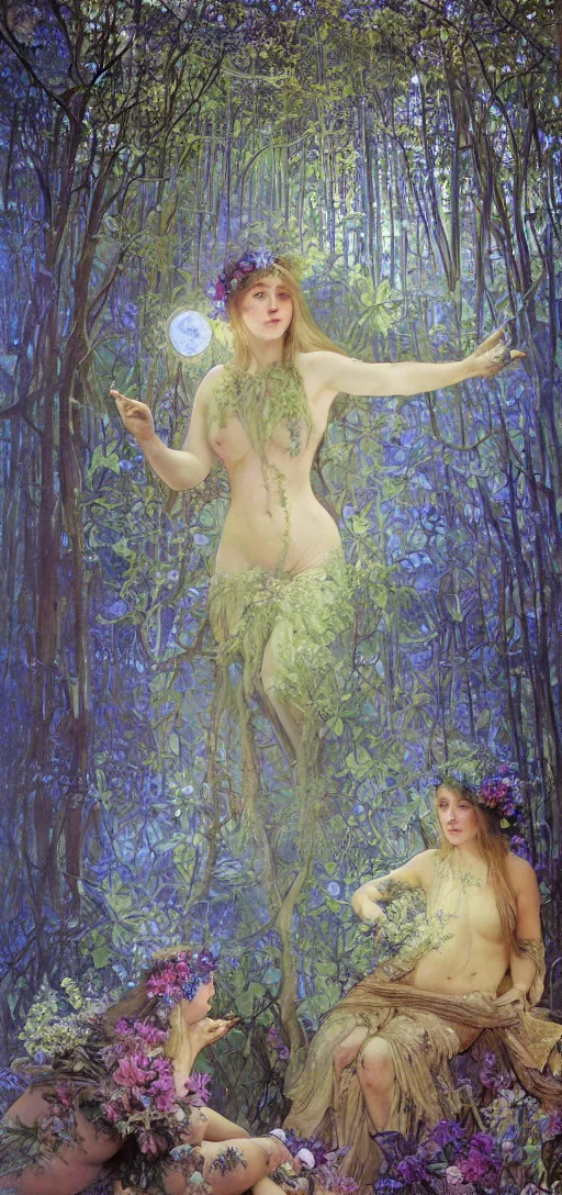 Image similar to painterly dreamy Kupala Night in the blue night forest with trees which have eyes, giant flowers, glowing owls, deers, beautiful women, lianas, thistles, giant fantasy creatures, a stream and sky with moon and stars by Alphonse Mucha, dark fantasy, very detailed oil painting in the alla prima style, volumetric lighting, masterpiece, 8k