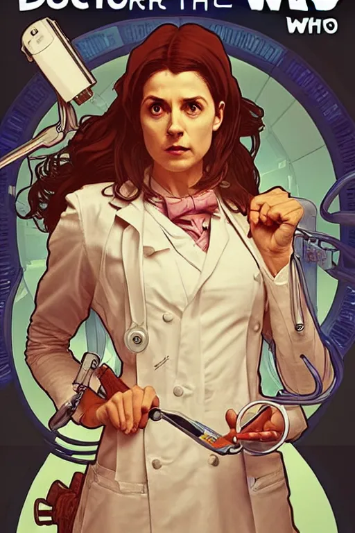 Prompt: doctor who, woman as a mad dentist in the tardis, art by artgerm and greg rutkowski and alphonse mucha