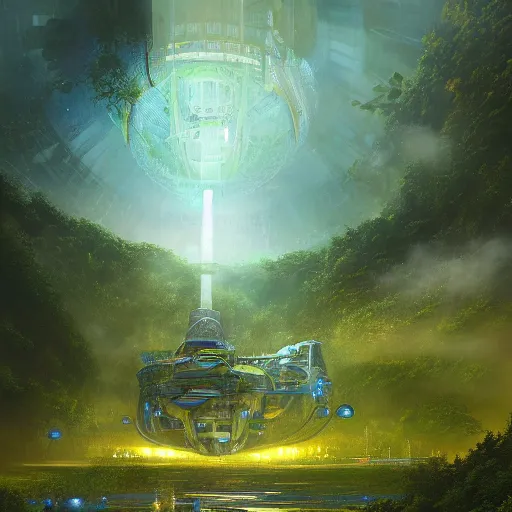 Image similar to legendary space ship, jungle planet, tropical, green forest, alien technology, cinematic, highly detailed, large blue engines, scifi, yellow windows and details, hyper realism, intricate digital painting, mechanics, red glow, gigantic landing pad, scifi base, artstation, by johnson ting, jama jurabaev