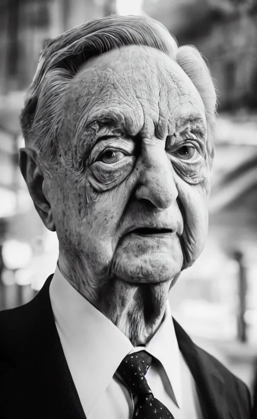 Image similar to Portrait of George Soros looking evil, splash art, movie still, cinematic lighting, dramatic, octane render, long lens, shallow depth of field, bokeh, anamorphic lens flare, 8k, hyper detailed, 35mm film grain