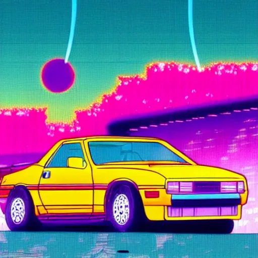 Image similar to girl driver her car in sunset, sprite, vaporwave nostalgia, directed by beat takeshi, visual novel cg, 8 0 s anime vibe, kimagure orange road, maison ikkoku, initial d, sketch by osamu tezuka, directed by hideki anno