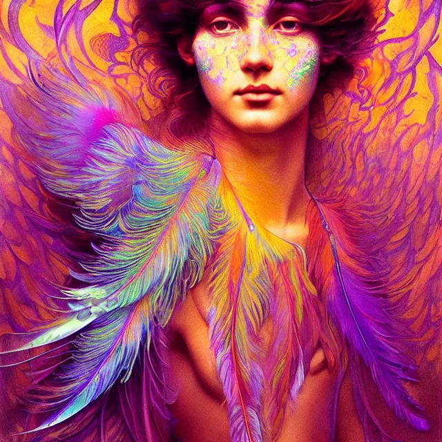 Image similar to face of young psychedelic transcendent feather mind bending psychedelic wings of glossy liquid honey flowing like kaleidoscopic translucent holograph, lsd feathers, feathery fluff, enlightenment, high contrast dappled lighting, refracted sunset, highly detailed, concept art, art by collier, albert aublet, krenz cushart, artem demura, alphonse mucha