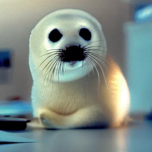Image similar to a baby harp seal reading nuclear weapon plans in a well - appointed office, photo, gentle bokeh