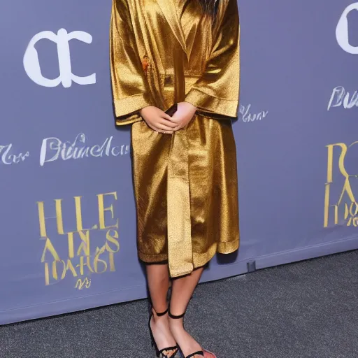 Prompt: full body photo shoot jamie chung wearing golden bathrobe highly detailed highly realistic