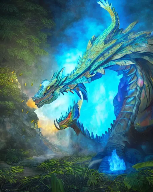 Prompt: illustration of a dragon spitting blue fire with rainbow colored scales in a castle jungle environment, art by gret rutkowski and studio ghibli, octane render, trending on artstation, golden ratio, anatomy, studio ghibli color scheme