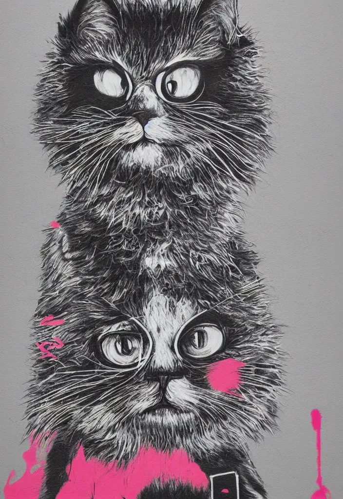 Image similar to fluffy cat with an afro comb t - shirt design, by jules julien, alex yanes, dark grisaille monochrome neon spraypaint, ironic surrealism, hypebeast