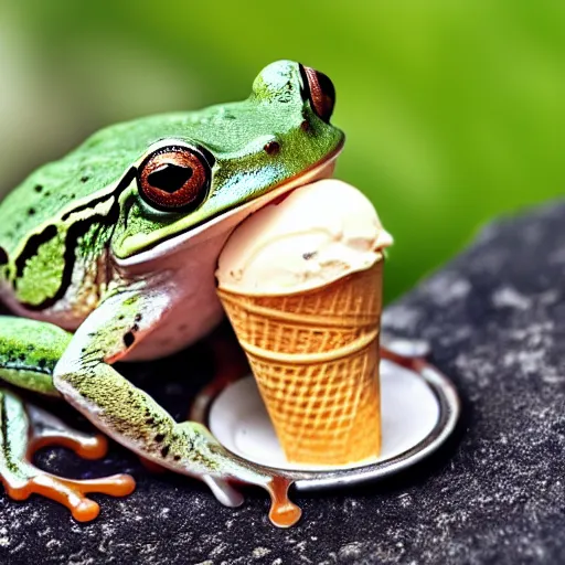 Image similar to a frog eating ice cream on a hot summer day photography realistic