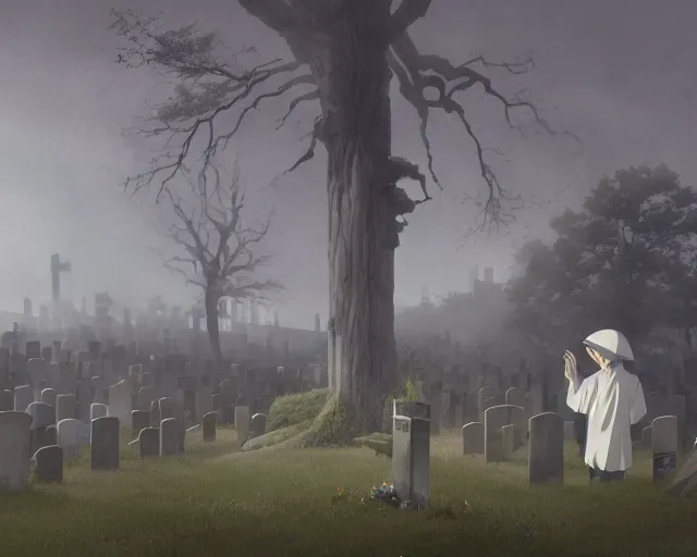 Image similar to a 50 year old brunnete chinese man Standing at a funeral in a cemetery next to the grim reaper, horror scene, dramatic, anime art, Greg Rutkowski, studio ghibli, dramatic lighting