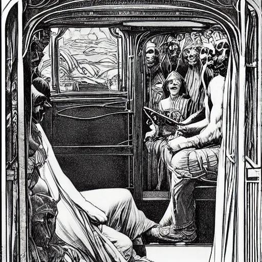 Image similar to artwork by Franklin Booth showing Babylon by bus