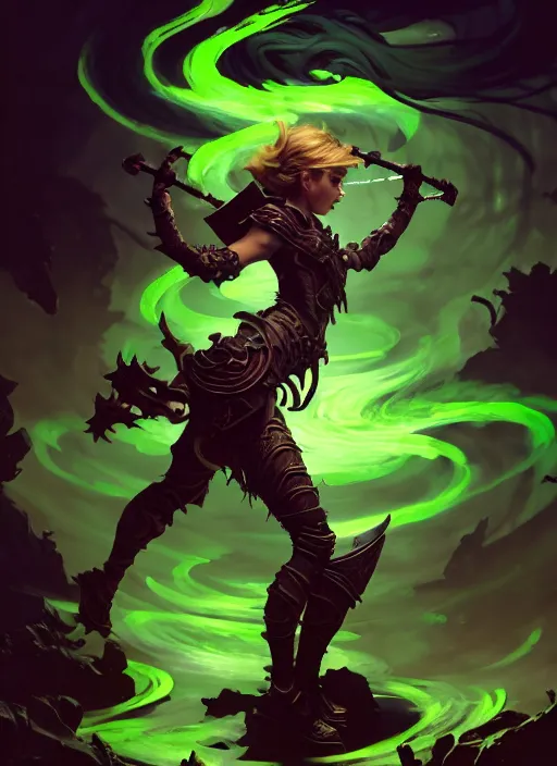 Image similar to side profile, imogen poots, corrupted armor, gloomhaven, luminescent, falling down through endless haunted green swirling souls, evil inky swirly ripples, sickly green colors, by greg manchess, huang guangjian, gil elvgren, sachin teng, greg rutkowski, jesper ejsing, ilya kuvshinov