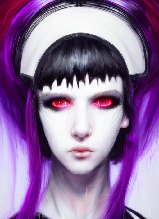 Image similar to whitebangs, black hair, black cyberlox, portrait of white teenage girl, normal face, white bangs, fluffy bangs, cyberlox, whitebangs, red contact lenses, purple background, intricate, elegant, highly detailed, digital painting, artstation, concept art, sharp focus, smooth, illustration, art by wlop, mars ravelo and greg rutkowski