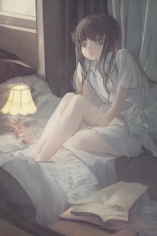 Image similar to a loli in a jk uniform outfit in the bedroom reading a book in a night, raining outside the window, dark and grey theme ， wavy white long hair, by krenz cushart and mucha and akihito yoshida and greg rutkowski and makoto shinkai, detailed eyes, 4 k resolution