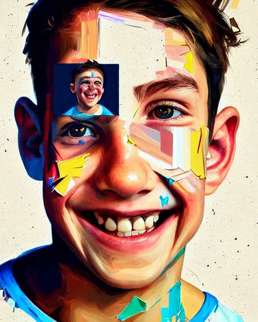 Image similar to painting, smiling boy, shards of time, face portrait, centered portrait, medium closd - up, illustration, highly detailed, simple, no jagged lines, smooth, artstation, artwork by obey, artwork by sandra chevrier