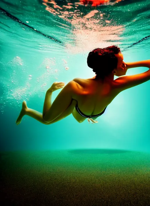 Image similar to underwater view of a beautiful elegant woman swimming in a pool, flames of fire coming up from the bottom of the pool