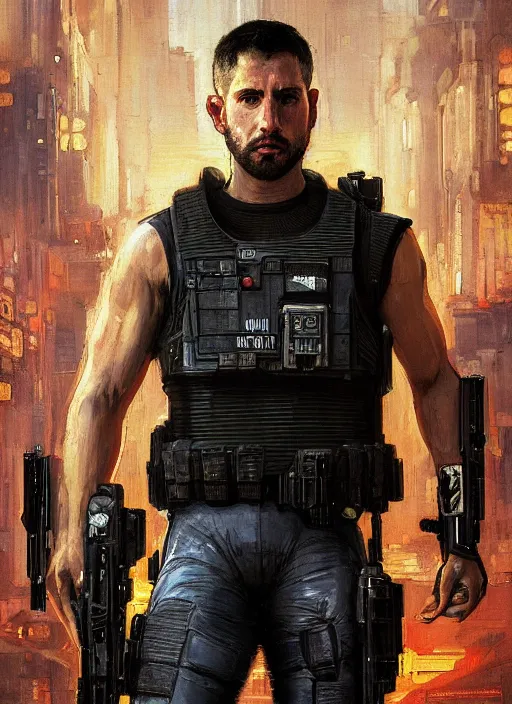 Prompt: 🤼♂. cyberpunk police trooper in a military vest ( blade runner 2 0 4 9, cyberpunk 2 0 7 7 ). orientalist portrait by john william waterhouse and james gurney and theodore ralli and nasreddine dinet, oil on canvas. cinematic, hyper realism, realistic proportions, dramatic lighting, high detail 4 k