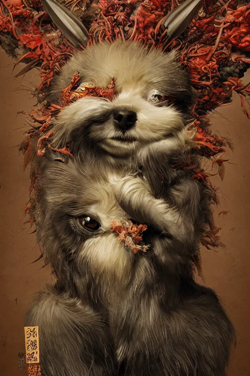 Image similar to a portrait of a japanese devil cannabis dog animal illustrated by miyazaki by karol bak, james jean, tom bagshaw, rococo, sharp focus, trending on artstation, cinematic lighting, hyper realism, octane render, 8 k, hyper detailed, vivid, ultra detailed, highly detailed