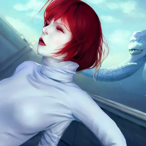 Image similar to beautiful pale vampire with red hair in a white turtleneck dress, arguing with a small blue godzilla on a super yacht, by guweiz and wlop and ilya kuvshinov and artgerm, symmetrical eyes, aesthetic, gorgeous, stunning, alluring, attractive, artstation, deviantart, pinterest, digital art
