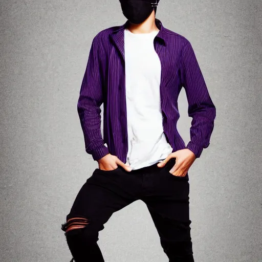 Image similar to professional digital art of a full-body view of a stylish young adult man with short hair wearing a black face mask, a striped long-sleeved shirt, and ripped jeans, high quality, HD, 8K, highly detailed, award-winning, dark purple clouds