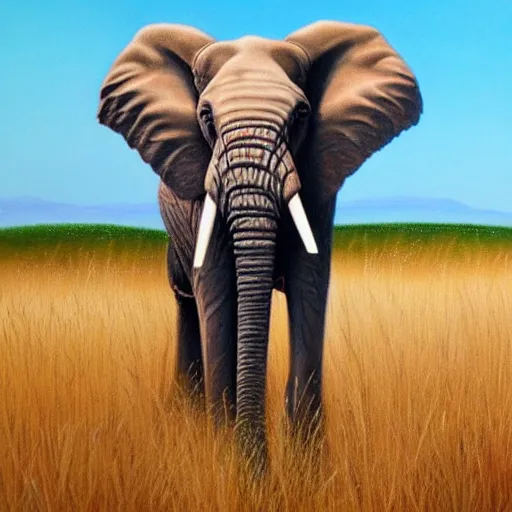 Prompt: elephant exploring the prairie hills, tall grass, oil painting