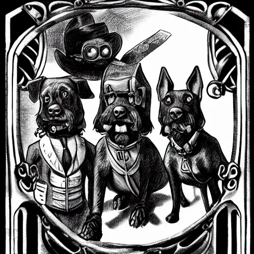 Image similar to black and white vintage drawing of a ragtag team of three dogs dressed as mischievous thieves in a dark steampunk setting