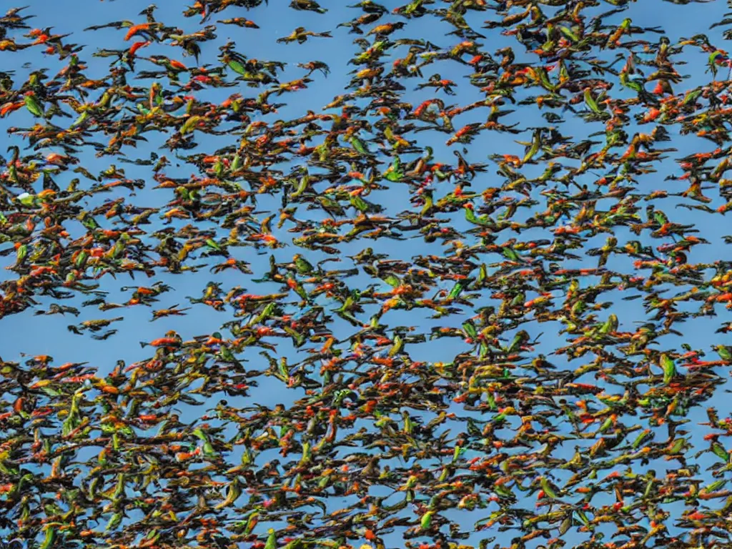 Image similar to a flock of parrots invading a shopping center