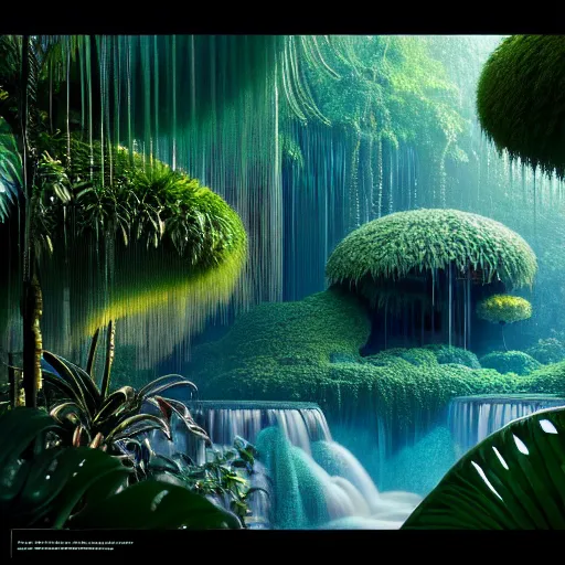 Image similar to iridescent opalescent living landscape tropical forest, waterfall, : by michal karcz, daniel merriam, victo ngai and guillermo del toro : ornate, dynamic, particulate, intricate, elegant, highly detailed, centered, artstation, smooth, sharp focus, octane render