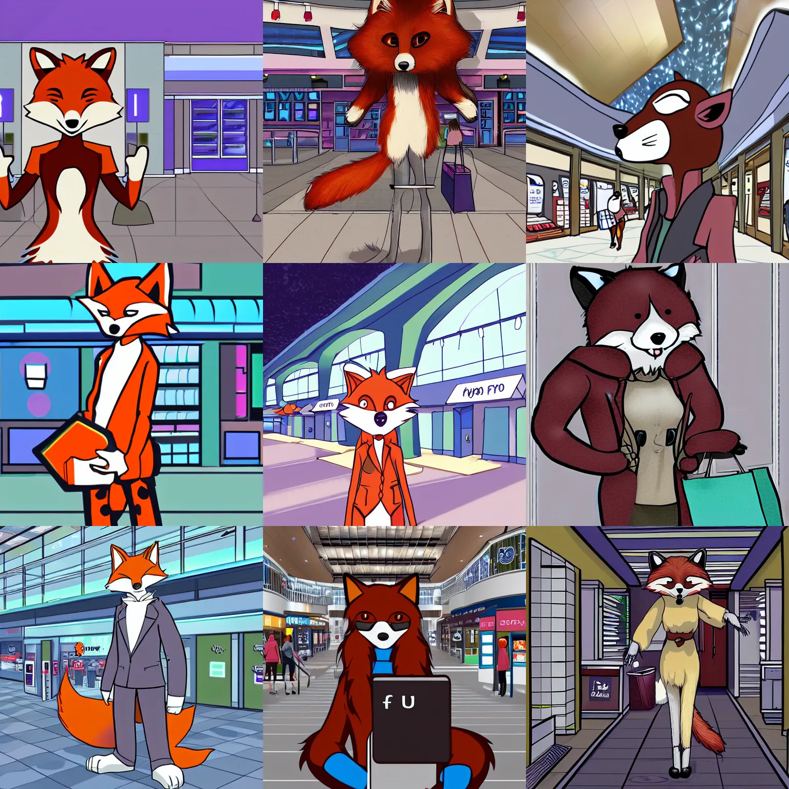 Prompt: an anthropomorphic furry fox shopping at a futuristic mall, furaffinity