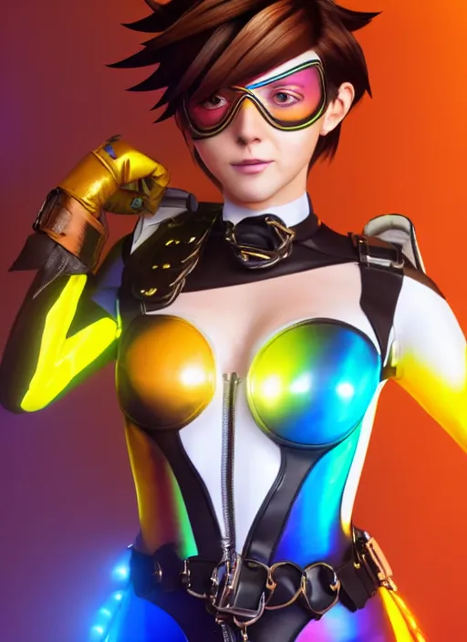Image similar to portrait bust digital artwork of tracer overwatch, wearing iridescent rainbow latex and leather straps catsuit outfit, 4 k, expressive happy face, makeup, in style of mark arian, angel wings, wearing detailed leather collar, chains, black leather harness, detailed face and eyes,