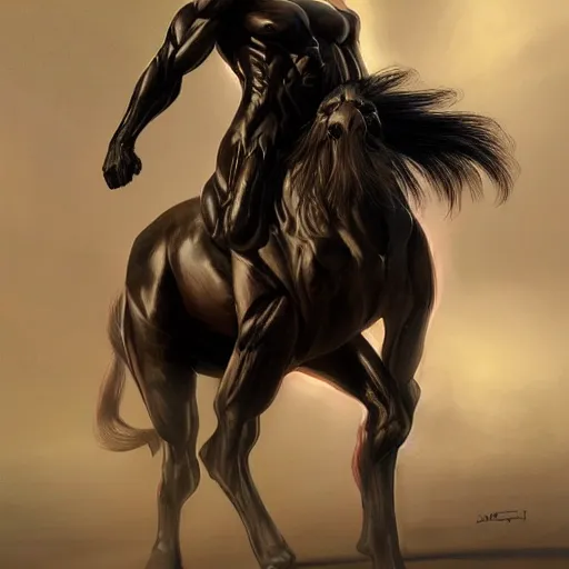 Image similar to an enormously muscular black - coated anthro horse at a research facility wearing skintight body armor, long mane, highly detailed, digital painting, artstation, illustration, art by artgerm, greg rutkowski, wlop