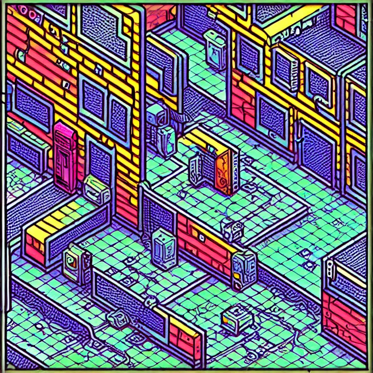 Image similar to an absurdly-detailed isometric cyberpunk alleyway colored-pen drawing as a fancy square tile