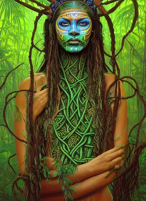 Prompt: a beautiful indigenous female shaman with a third eye made of ayahuasca vines in the jungle, face painted in green, fractals, beautiful colors, matte painting, by christophe vacher