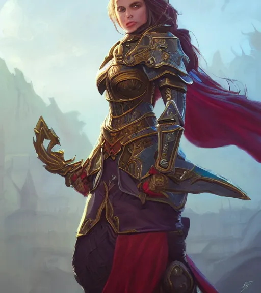 Image similar to battlemage, full armor, full body portrait, gentle, female, city landscape, d & d, fantasy, intricate, elegant, highly detailed, digital painting, red gold color palette, artstation, octane render, concept art, matte, sharp focus, illustration, hearthstone, art by artgerm and greg rutkowski and alphonse mucha