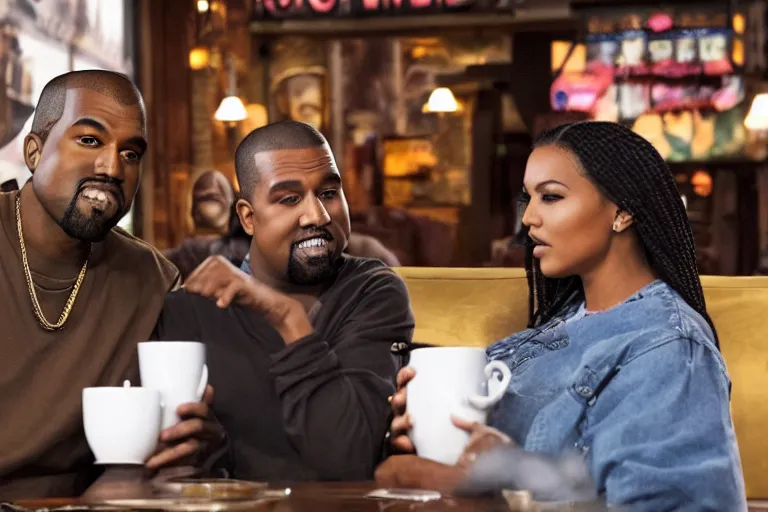 Image similar to Kanye West and Queenz Flip (2018) are best friends, drinking coffee at central perk, still photo, hyperrealistic, 35mm, 8k, by weta digital