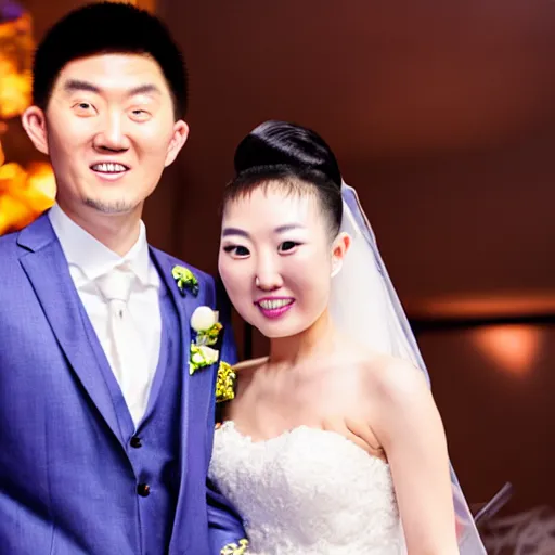 Prompt: cookie monster marrying justin sun, professional wedding photography