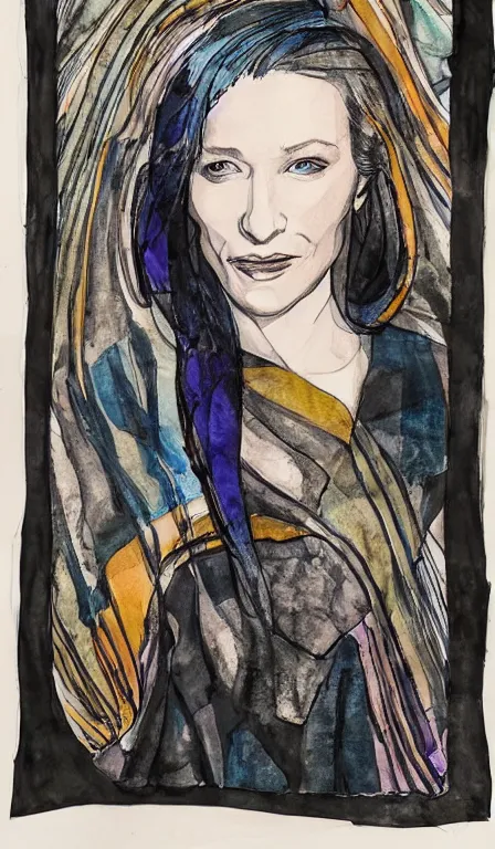 Image similar to cate blanchett , hanging scroll, ink and colours on silk,