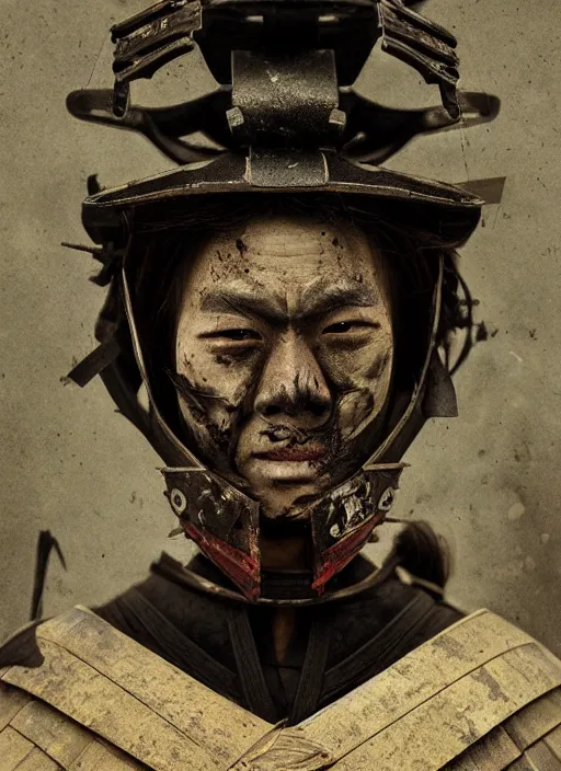 Prompt: samurai portrait photo, wearing mempo mask, after a battle, dirt and unclean, extreme detail, cinematic, dramatic lighting render, photorealism photo by national geographic, tom bagshaw, masterpiece