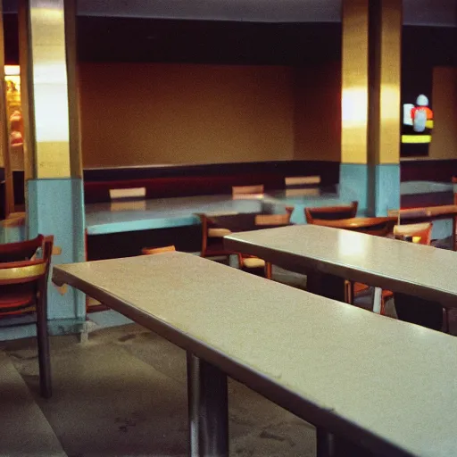 Image similar to a 3 5 mm pentax k 1 0 0 0 photograph of a liminal empty moody mcdonalds interior. empty tables. food garbage scattered about.