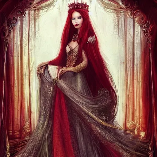 Image similar to Fantastic, fairytale, portrait, painting, beautiful!, female mage, long flowing red hair, light emitting from fingertips, ornate gown, smoldering, serious, royalty kingdom, royal court