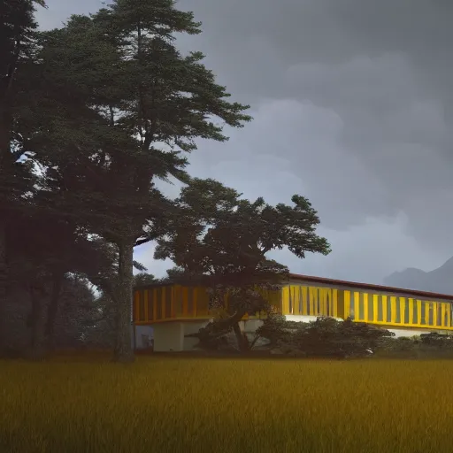 Image similar to modernist house inspired by a tibetan palace, open field, big trees, yellow clouds, dramatic lighting, artstation, matte painting, raphael lacoste, simon stalenhag, frank lloyd wright