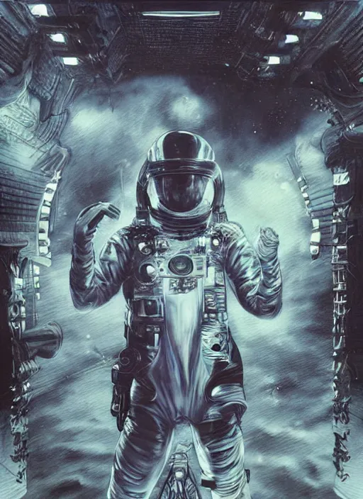 Prompt: massive astronauts in the void cloth underwater - complex and hyperdetailed technical suit. infrared reflection and dispersion materials. rays and dispersion of light. volumetric light. 5 0 mm, f / 3 2. noise film photo. flash photography. ultra realistic, wide angle. poster by wayne barlowe, hajime sorayama aaron horkey, craig mullins