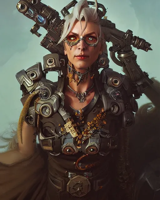 Image similar to junker queen from overwatch, character portrait, concept art, intricate details, highly detailed by greg rutkowski, michael whelan and gustave dore