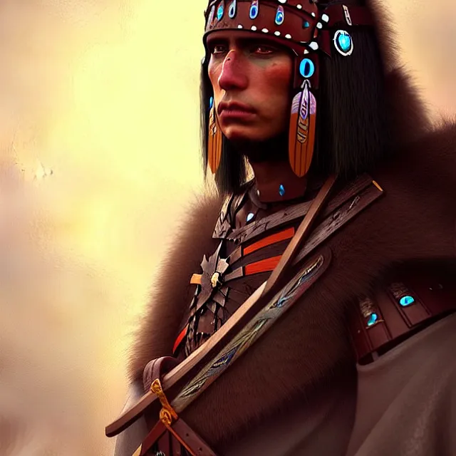 Image similar to epic professional digital art of a medieval north American indigenous Warrior, fantasy art, best on artstation, cgsociety, wlop, cosmic, epic, stunning, gorgeous, much detail, much wow, masterpiece